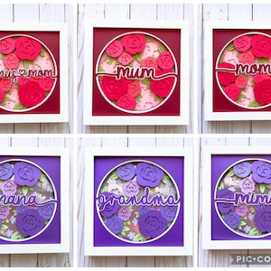 Paquete de caja de sombras de flores rosas del Día de la Madre SVG 3D: mamá, mamá, nana, abuela, mamá extra, nana: archivo de corte digital en capas png, svg, dxf, eps.