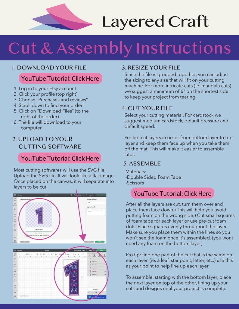 May include: Instructions for a layered craft project. The image shows a step-by-step guide for cutting and assembling a layered craft project using a cutting machine. The instructions include downloading a file, resizing it, cutting the layers, and assembling the project using double-sided foam tape.