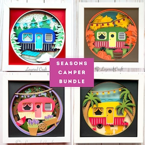 May include: Four layered paper craft designs of a camper van in different seasons. The top left design is a blue camper van in a winter scene with snow and pine trees. The top right design is a green camper van in a fall scene with orange and red leaves and pumpkins. The bottom left design is a pink camper van in a spring scene with flowers and a wheelbarrow. The bottom right design is a yellow camper van in a summer scene with palm trees and a beach.
