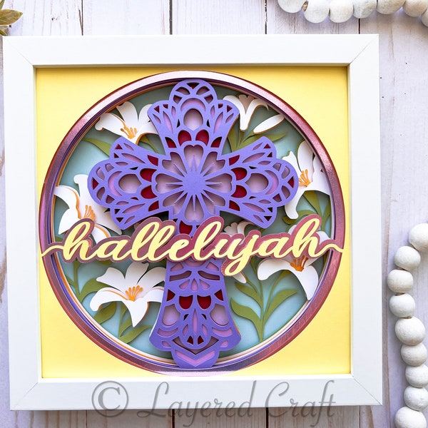 Happy Easter Shadowbox Hallelujah Easter Lily Spring Decor Craft Easter Decorations Mandala Cross 3D Layered Digital Cut File