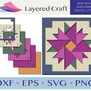 May include: Layered craft project with a starburst design. The project is made up of six layers of paper in different colors: beige, green, pink, purple, orange, and blue. The text "Layered Craft" and "Quilt Block Shadowbox Digital Cut File" is visible in the image.