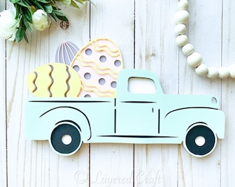 Happy Easter Farmhouse Decorations Farm Truck Rustic Easter Bunny SVG Easter Egg Truck 3D SVG Layered Shadowbox Digital Cut File