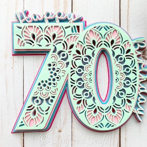 Gelukkige 70e verjaardag, verjaardagstaart topper, gelaagde 3D mandala, gelukkige verjaardag, verjaardag bloem pick-3D SVG gelaagde verjaardag decoratie