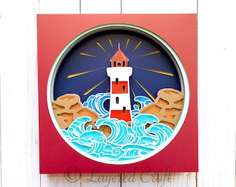 Lighthouse Shadowbox Ocean Decor Light House Wall Art Craft Waves Seaside Beach Shadow Box 3d SVG Cricut File Silhouette SVG DXF png eps
