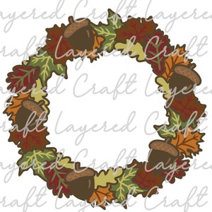 May include: A fall-themed wreath made of brown, red, orange, and green leaves with acorns. The wreath is perfect for decorating your home for the autumn season.