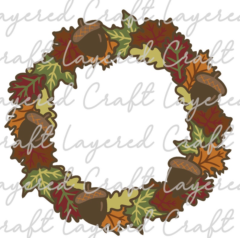 May include: A fall-themed wreath made of brown, red, orange, and green leaves with acorns. The wreath is perfect for decorating your home for the autumn season.
