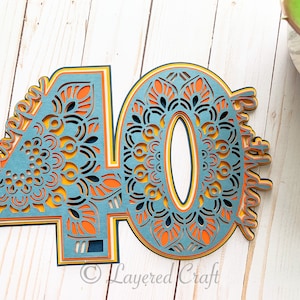 Joyeux 40e anniversaire, Gâteau d’anniversaire, Mandala 3D superposé, Joyeux anniversaire, Choix de fleurs d’anniversaire - Décoration d’anniversaire en couches SVG 3D