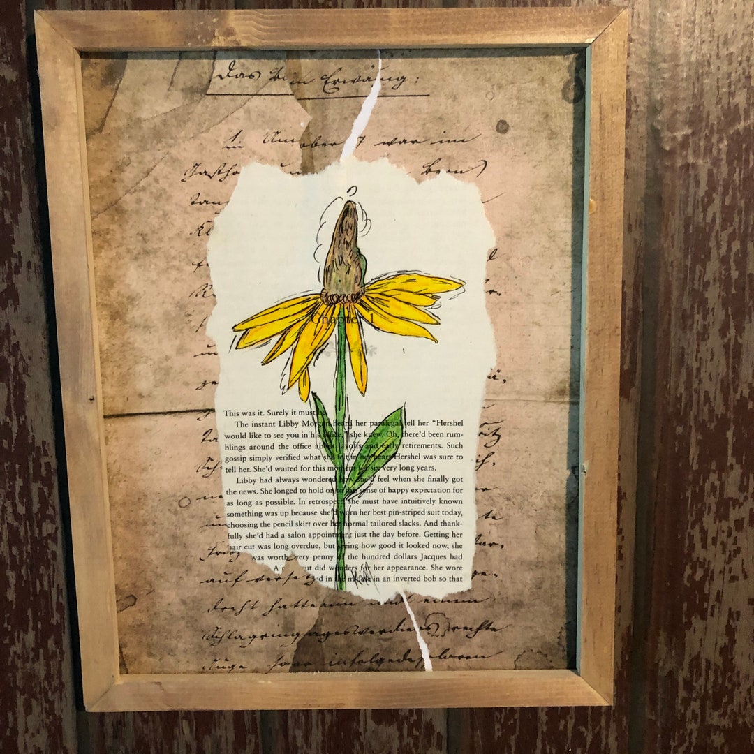 Floral Painting on Old Book Page. Mixed Media. Unique. Original