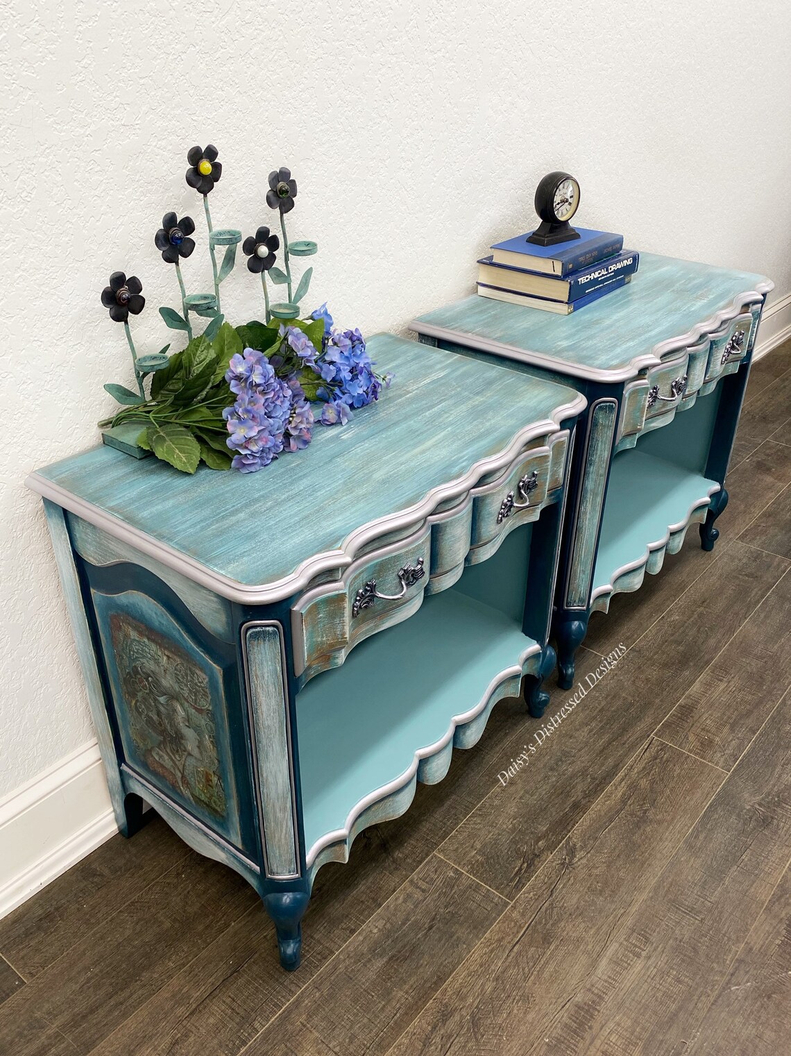 Large Night Stand Set Painted Teal Rustic Beach Lake Etsy