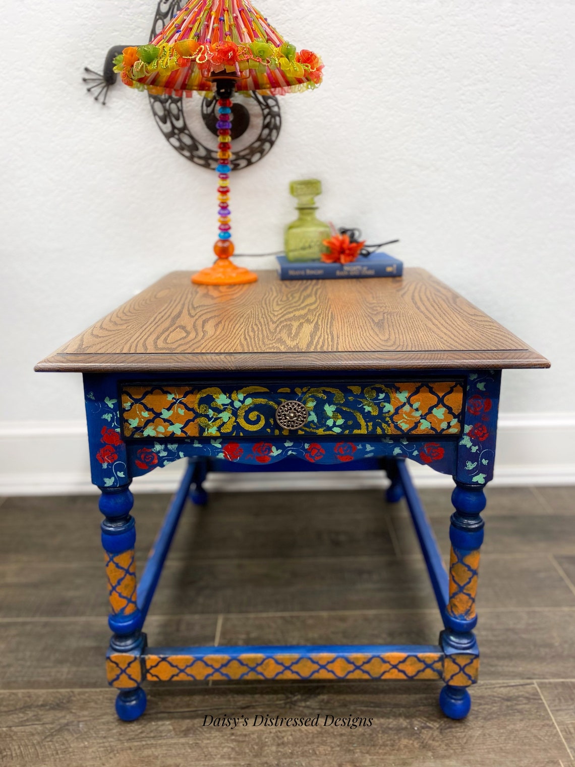 End Table Bohemian Southwest Adobe Style Painted Blue Etsy