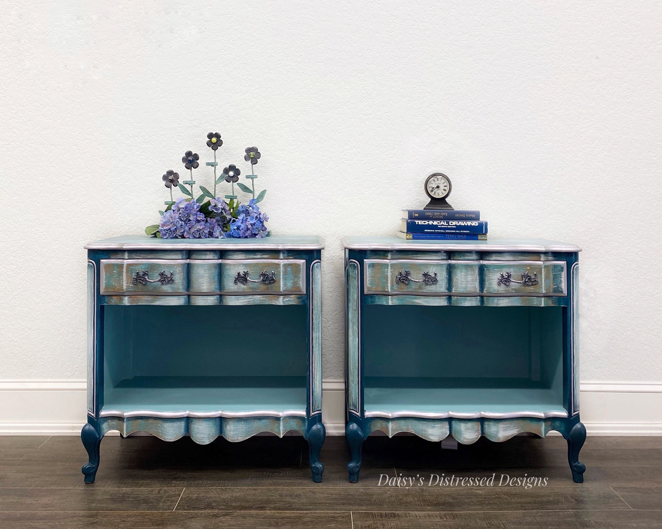 Large Night Stand Set Painted Teal Rustic Beach Lake Etsy