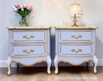 Vintage French Provincial Nightstands  Bedside Tables Hand Painted little periwinkle and Gold