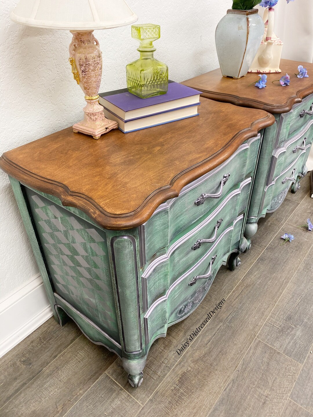 Large Night Stand Set Distressed Harlequin Green and Metallic Etsy
