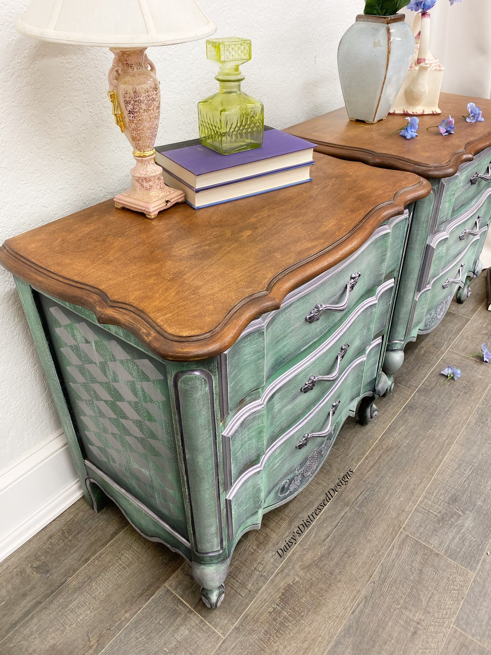 Large Night Stand Set Distressed Harlequin Green and Metallic Etsy