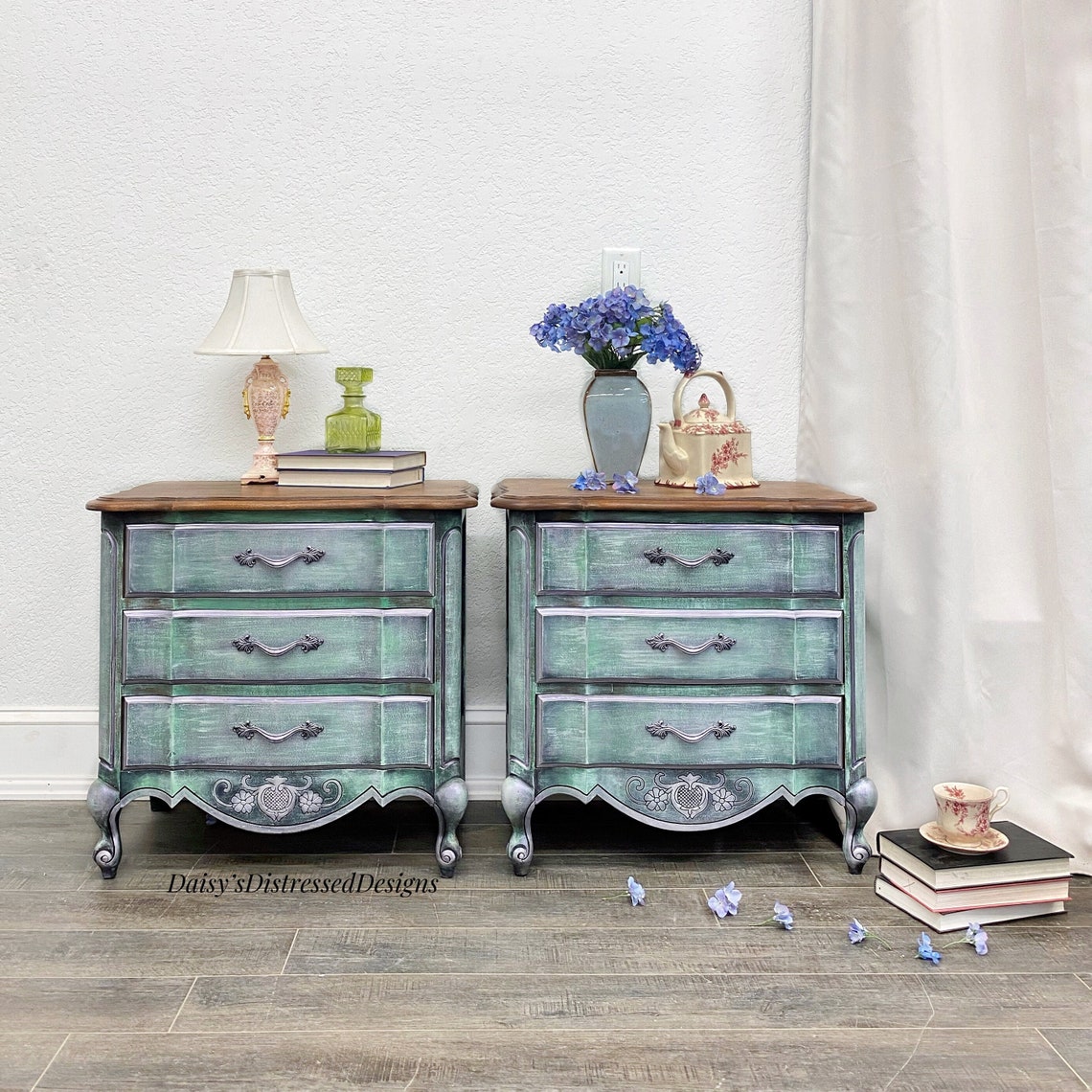 Large Night Stand Set Distressed Harlequin Green and Metallic Etsy