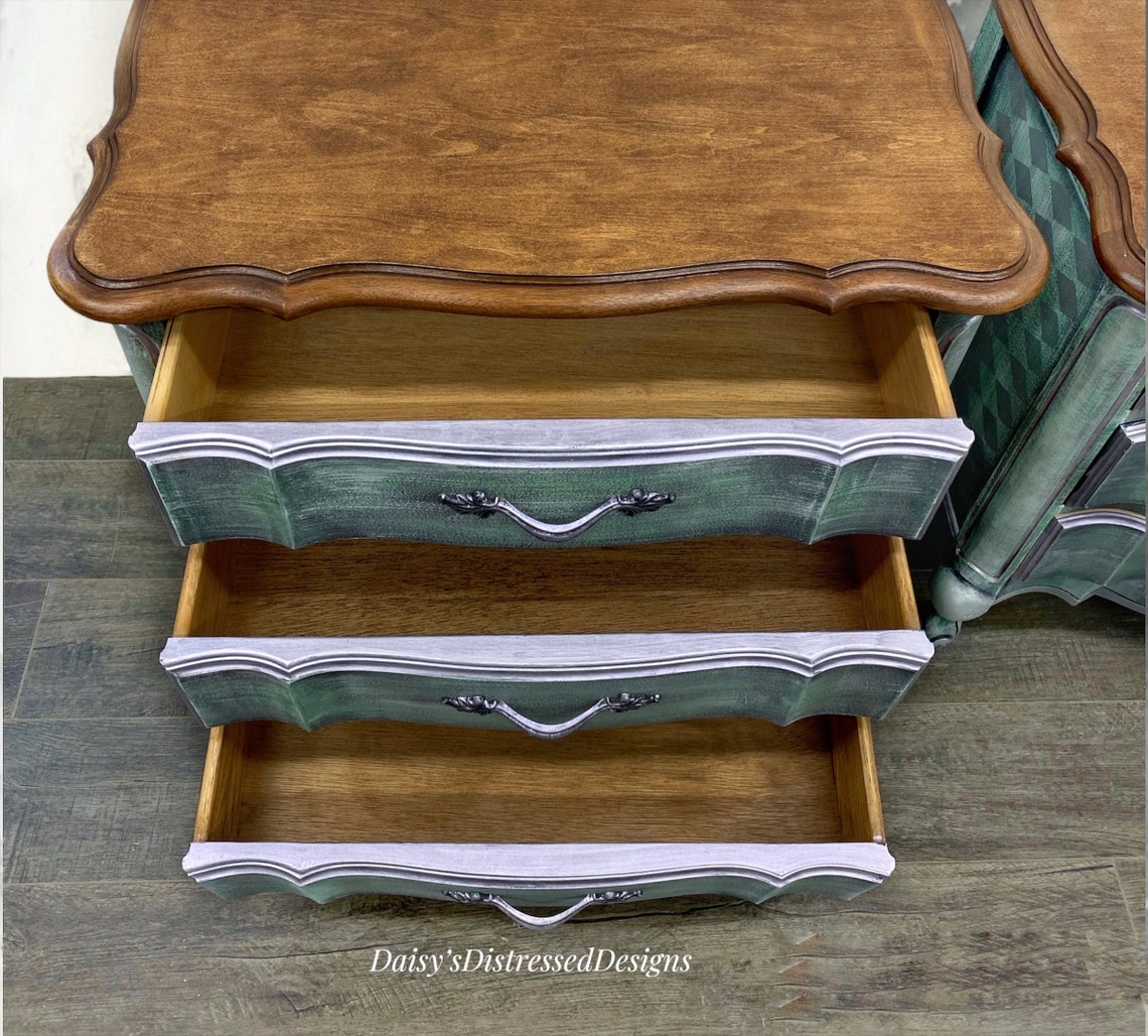 Large Night Stand Set Distressed Harlequin Green and Metallic Etsy