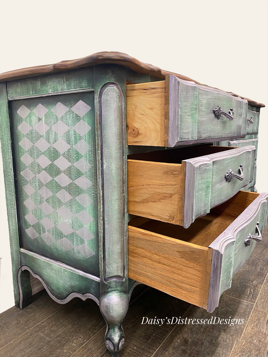 Large Night Stand Set Distressed Harlequin Green and Metallic Etsy