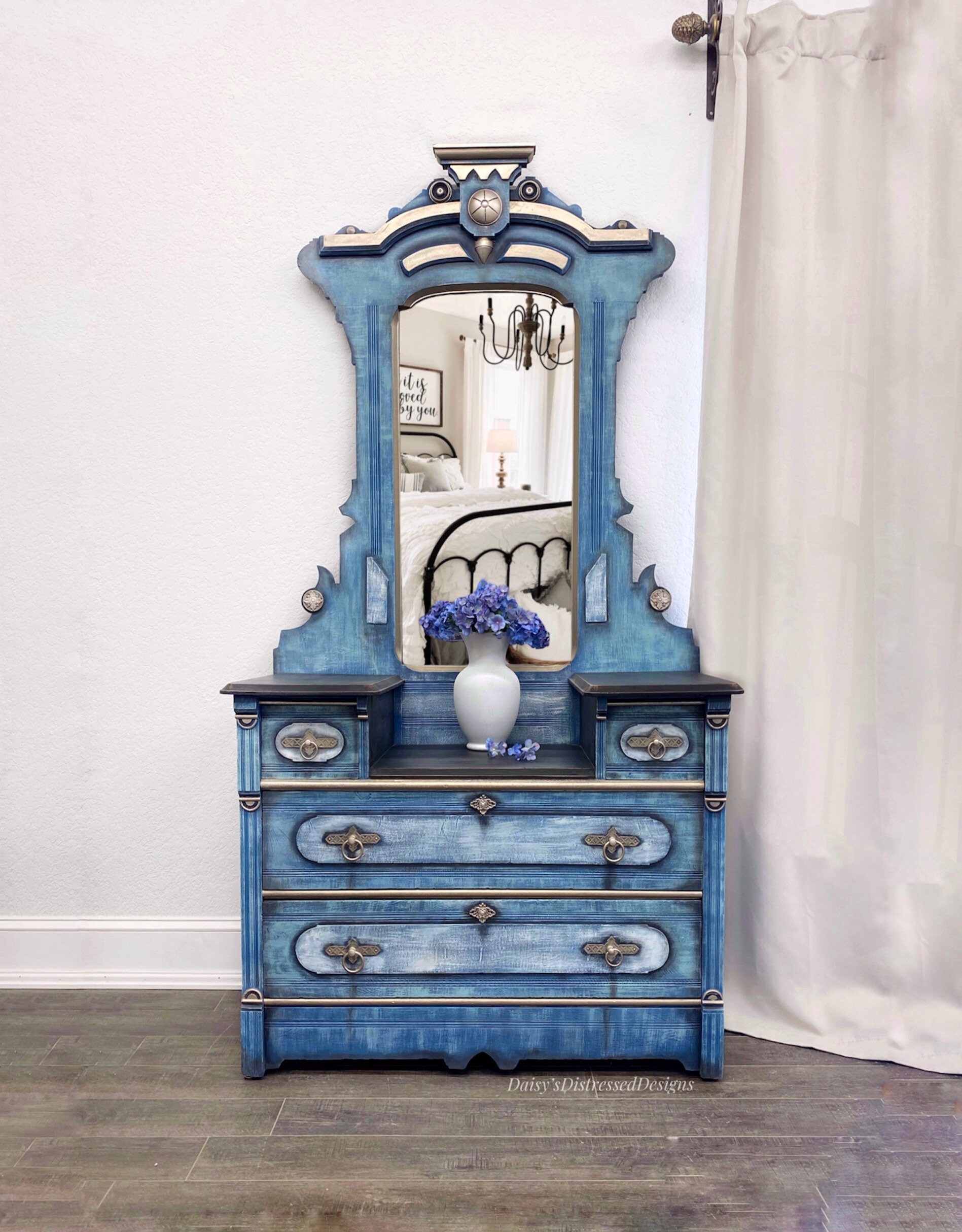 Victorian Eastlake Vintage Vanity Dresser Blue With Large Beveled Glass