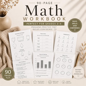 May include: A 90-page math workbook for grades 3-4 featuring worksheets on geometry, place value, multiplication, data, graphing, word problems, and telling time. The document includes text, math problems, and diagrams on white paper sheets.