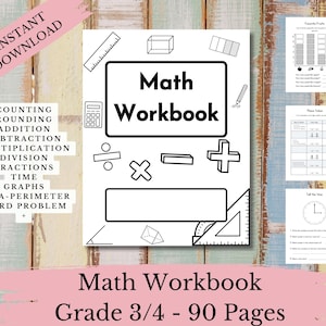 May include: A white math workbook cover featuring the text Math Workbook, surrounded by black line art illustrations of a ruler, calculator, geometric shapes, and mathematical symbols including division, multiplication, and addition signs.