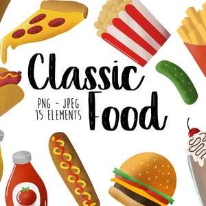 Theme Park Food Clip Art, Vintage Junk Food Graphics, Diner Clip Art, Instant Download, Graphic Design Resources - Burger, Fries, Hot Dog