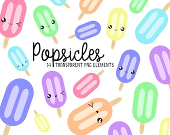 Popsicle Clipart, Ice Cream Graphics, Cute Kawaii Clipart, Summer Treats Clipart - Digital Stickers, Commercial Use - 14 Transparent PNG