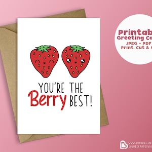 Tarjeta de agradecimiento de comida Kawaii imprimible, juego de palabras con frutas de bayas, tarjeta de agradecimiento, tarjetas imprimibles, descarga instantánea: eres el mejor de las bayas
