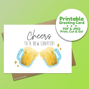 Cartão de felicitações para impressão, cartão de bebidas comemorativas, cartão de marco - um brinde ao seu novo capítulo cartão de felicitações para impressão