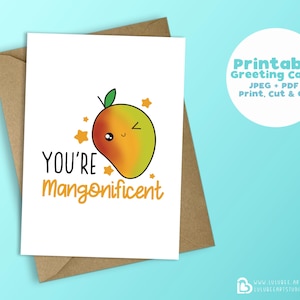 Afdrukbare Kawaii Food Bedankkaart, Mango Fruit Woordspeling, Waarderingskaart, Afdrukbare kaarten, Instant Download - Je bent Mangonificent