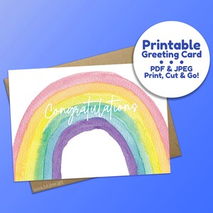 Printable Watercolor Rainbow Congratulation Greeting Card, Colorful Celebration Card - Printable Greeting Card, Instant Download