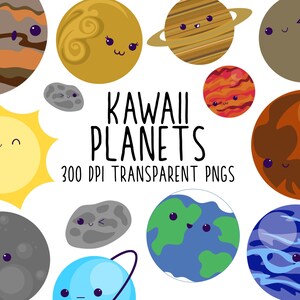 May include: A set of 10 kawaii planet illustrations with cute faces. The planets are in various colors and patterns, including yellow, orange, brown, red, blue, and gray. The text "Kawaii Planets" and "300 DPI Transparent PNGs" is included in the image.