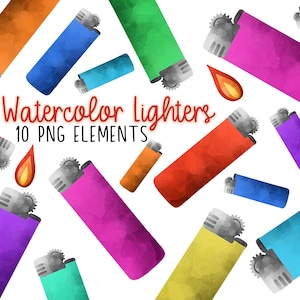 Könnte beinhalten: Zehn Aquarell-Illustrationen von Feuerzeugen in verschiedenen Farben, darunter Blau, Grün, Rot, Orange, Lila und Gelb. Die Feuerzeuge sind im Aquarell-Stil gemalt, was ihnen ein weiches und verspieltes Aussehen verleiht. Der Text "Watercolor lighters 10 PNG ELEMENTS" ist oben im Bild in Schwarz geschrieben.