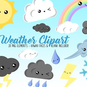 Cute Weather Clipart, Kawaii Weather, Meteorology Clipart - Instant Download - Sublimation, Planner Stickers, Digital Stickers, Commercial