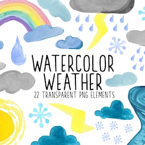 Watercolor Weather Clipart Set, Meteorology Graphics, Educational Clip Art, Sublimation, Instant Download - Sun, Rain, Cloud, Snow, Rainbow
