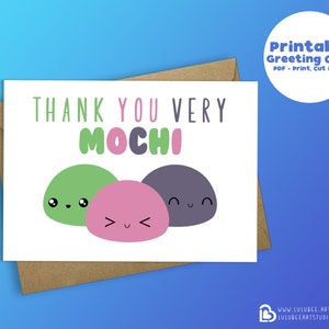 Druckbare Danke Mochi Grußkarte, Kawaii Food Wortspiel Grußkarte, druckbare Grußkarte - Thank You Very Mochi