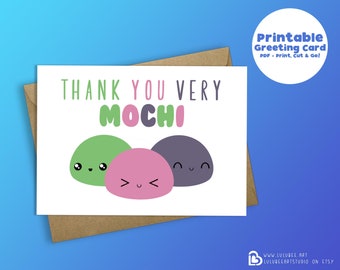 Printable Thank You Mochi Greeting Card, Kawaii Food Pun Greeting Card, Printable Greeting Card - Thank You Very Mochi