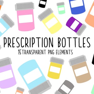 Könnte beinhalten: Ein Satz von 15 bunten Illustrationen von Rezeptflaschen. Die Flaschen sind in verschiedenen Farben, darunter rosa, blau, gelb, grün, lila, orange und schwarz. Die Flaschen haben ein weißes Etikett mit einem leeren Platz für Text. Der Text "PRESCRIPTION BOTTLES 15 TRANSPARENT PNG ELEMENTS" befindet sich am unteren Rand des Bildes.