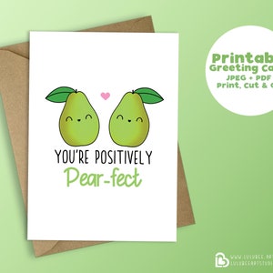 Tarjeta de felicitación Kawaii Fruit Love imprimible, tarjeta del día de San Valentín, peras Kawaii, tarjeta de juego de palabras con comida con queso, descarga instantánea - Eres pera perfecta
