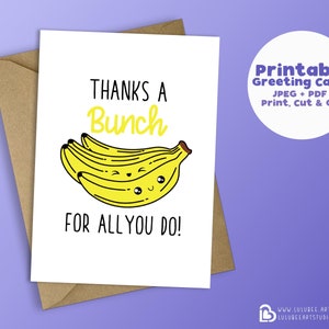 Printable Kawaii Food Thank You Card, Banana Fruit Pun, Appreciation Card, Printable Cards, Instant Download - Thanks a Bunch For All You Do