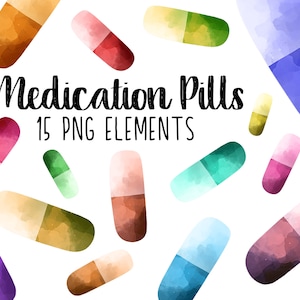 Watercolor Medical Pill Clipart Set, Pill Reminder, Medicine Clipart, Vitamins, Medication Refill - Digital Stickers, Instant Download