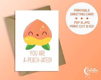 Afdrukbare perzik fruit woordspeling dank u kaart, schattige fruit collega dank u, werknemer waardering kaart - u bent A-Peach-iated