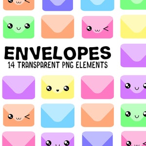 Kawaii Letter Clipart Set, Kawaii Mail Enveloppen, Pastel Regenboog Kleuren, Instant Download, Digitale Stickers - 14 Transparante PNG Elementen