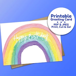 Afdrukbare aquarel Rainbow Happy Birthday wenskaart, Rainbow verjaardagskaart - afdrukbare wenskaart, Instant Download