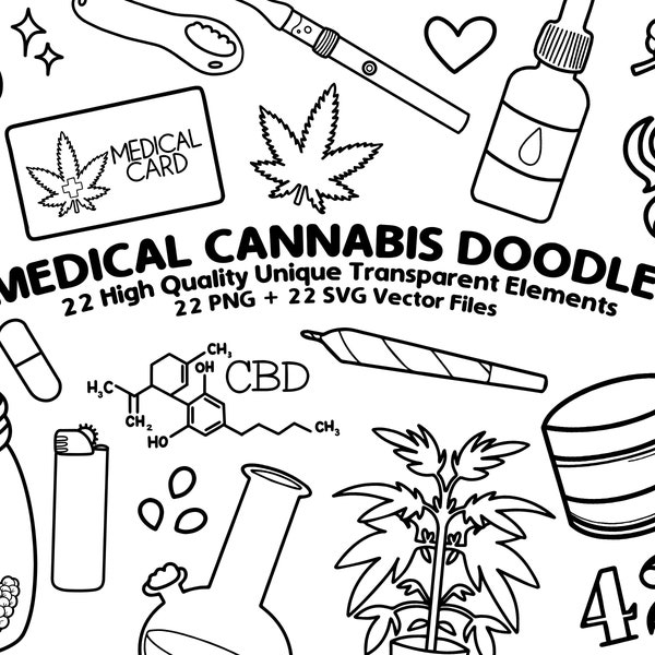 Medical Cannabis Doodle Graphics, Marijuana Line Art, Procreate Stamps - Instant Download, Sticker Design, Sublimation, Personal, Commercial