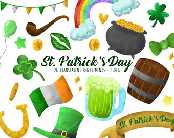 Watercolor St Patrick's Day Clipart: Shamrock, Clover, Rainbow (PNG, JPEG)