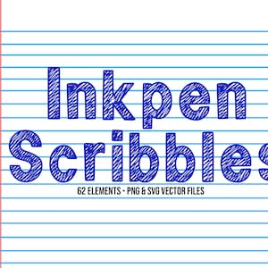 May include: Blue ink pen scribbles on a white background with blue lines. The text "Inkpen Scribbles" is written in a blue, hand-drawn style. The text "62 Elements - PNG & SVG Vector Files" is written in black below the title.