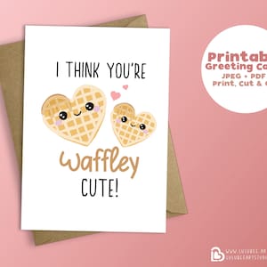 Druckbare Kawaii Food Love Karte, Valentinstag Karte, Waffe Wortspiel, Printable Karten, Sofort Download - Ich denke du bist Waffley Cute