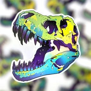 Holo T Rex Skull Vinyl Sticker, Dinosaur Sticker, Skull Sticker, Holographic Sticker, Laptop Sticker, Waterbottle Sticker, Waterproof