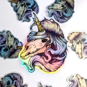 Holo Unicorn Skull Vinyl Sticker, Skull Sticker, Holographic Sticker, Laptop Sticker, Waterbottle Sticker, Waterproof Sticker, Fantasy Magic