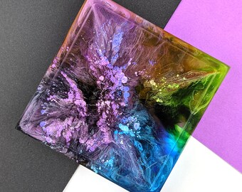 Square Resin Coaster/Trinket Tray 1pc - Black Purple Blue Green
